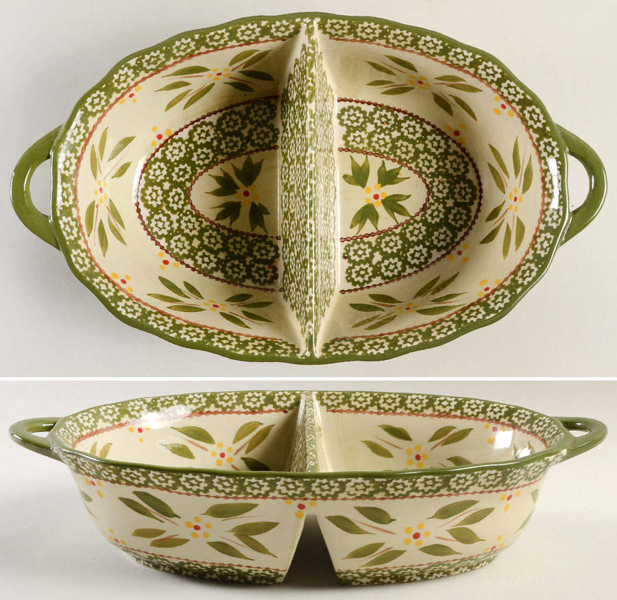Old World Green 13" Oval Divided Baker by Temp-Tations-1