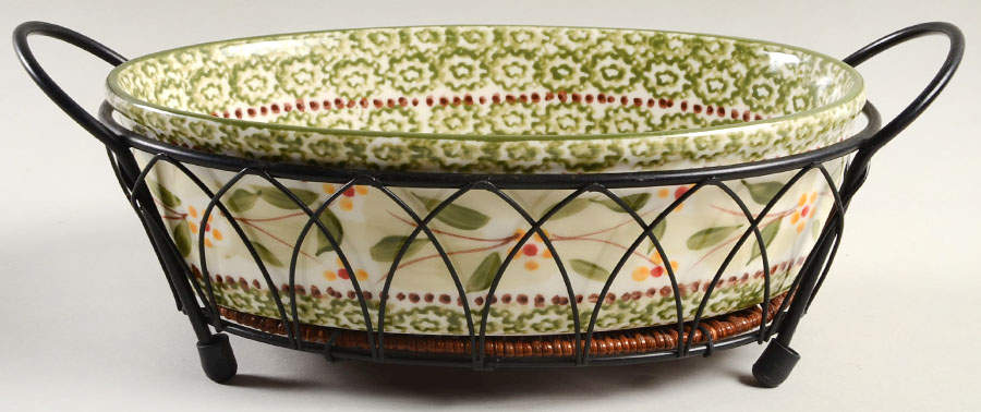 Old World Green 10" Oval Baker W/Metal Stand by Temp-Tations-1