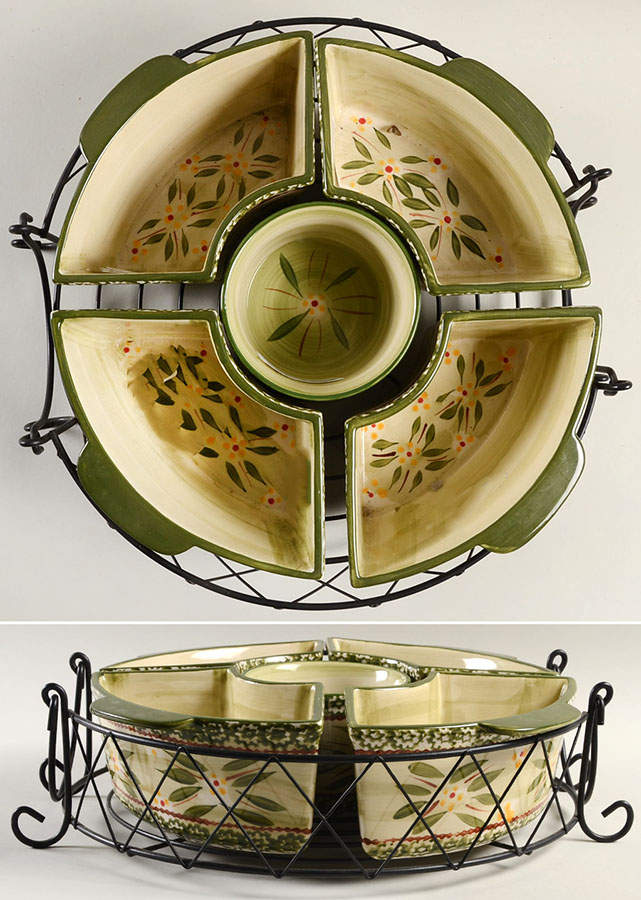 Old World Green (6 Piece) Baker & Ramekins Set (Chip & Dip) by Temp-Tations-1