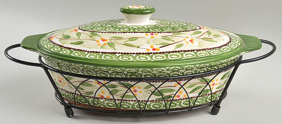 Old World Green 2 Qt Covered Casserole & Metal Stand by Temp-Tations-1