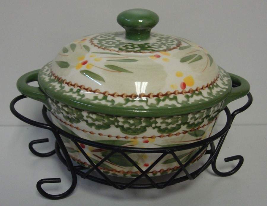 Old World Green 10 Oz Individual Casserole & Lid W/Metal Stand by Temp-Tations-1