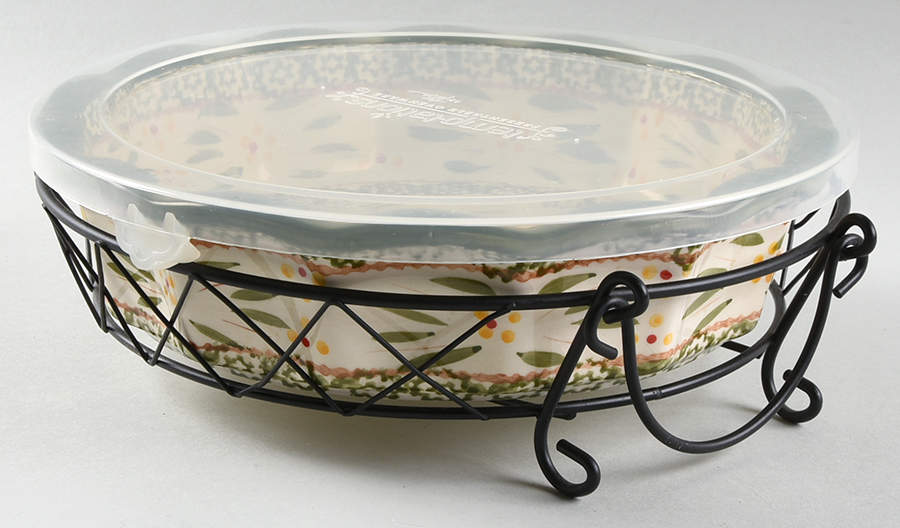 Old World Green 10" Pie Baking Plate w/Plastic Lid & Metal Stand by Temp-Tations-1