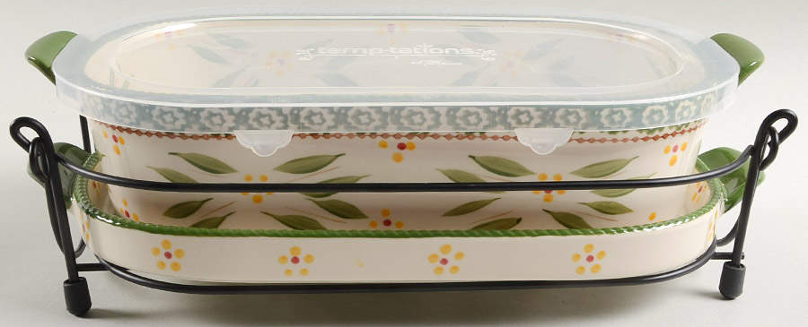 Old World Green 13" Oval Baker w/Plastic Lid, Lid-It & Metal Stand by Temp-Tations-1