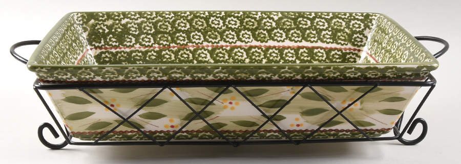 Old World Green 13" Rectangular Baker with Metal Stand by Temp-Tations-1