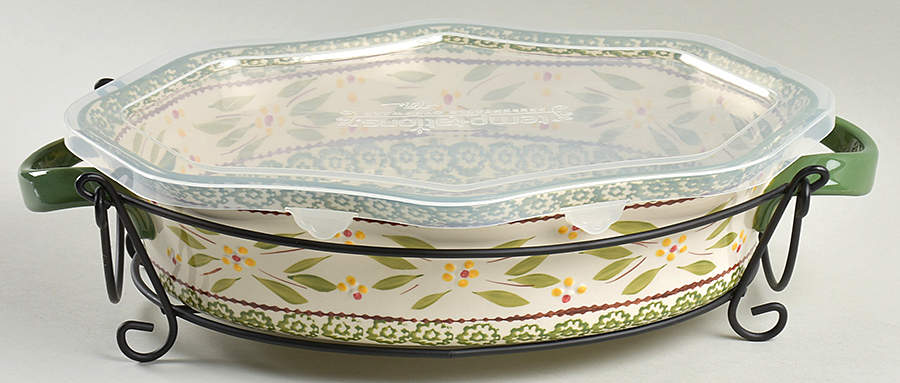 Old World Green 13" Oval Scalloped Baker with Plastic Lid & Stand by Temp-Tations-1