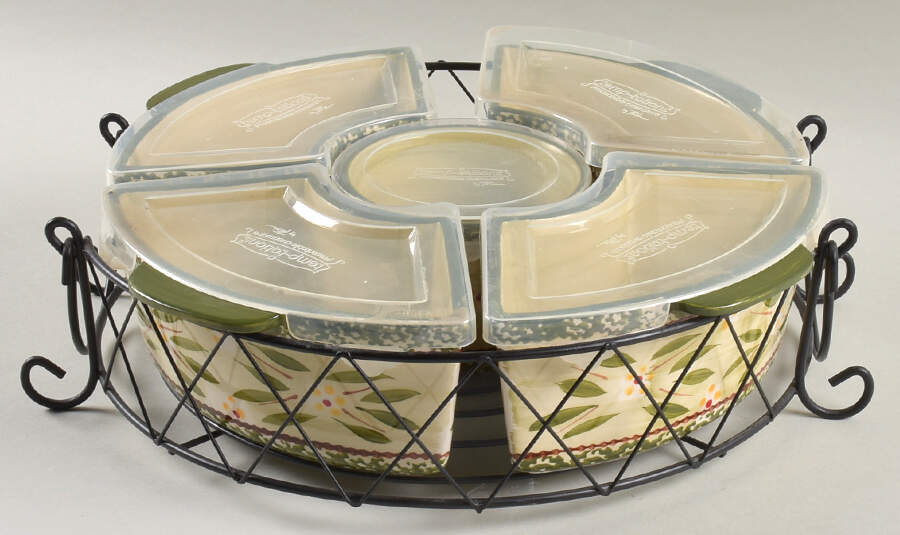 Old World Green (11 Pc) Baker & Ramekins Set (Chip & Dip) by Temp-Tations-1
