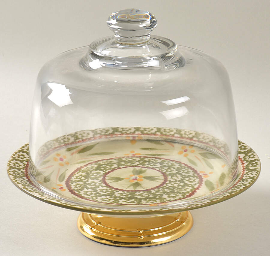 Old World Green 6 1/2"-7 1/2" Footed Cheese Plate w/ Glass Dome HC by Temp-Tations-1