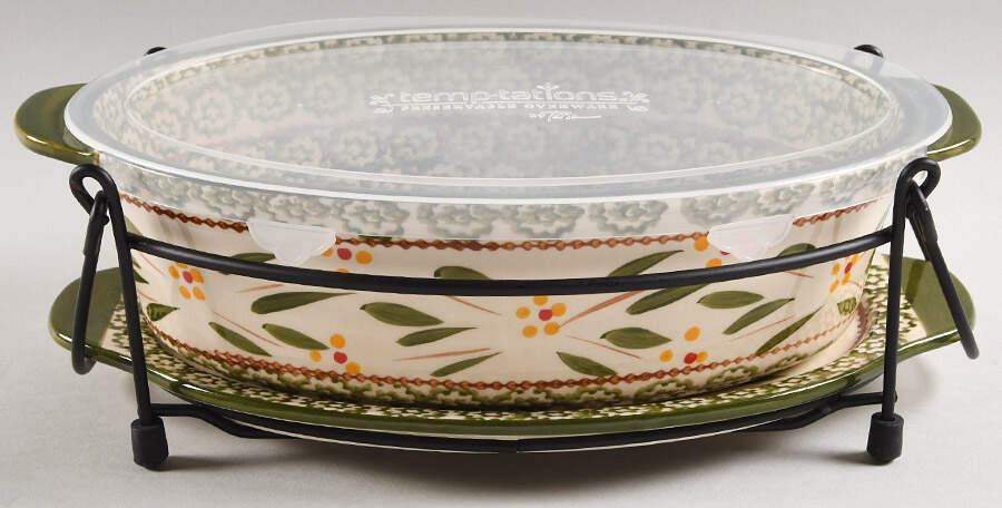 Old World Green 11" Oval Baker w/Plastic Lid, Lid-It & Mtl Stand by Temp-Tations-1