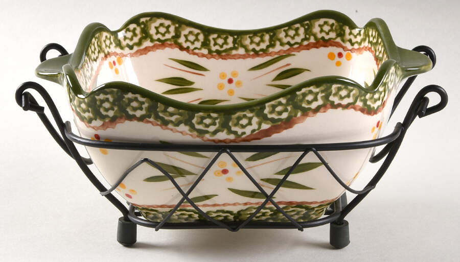 Old World Green 1 Qt Square Bake & Serve Bowl with Metal Stand by Temp-Tations-1