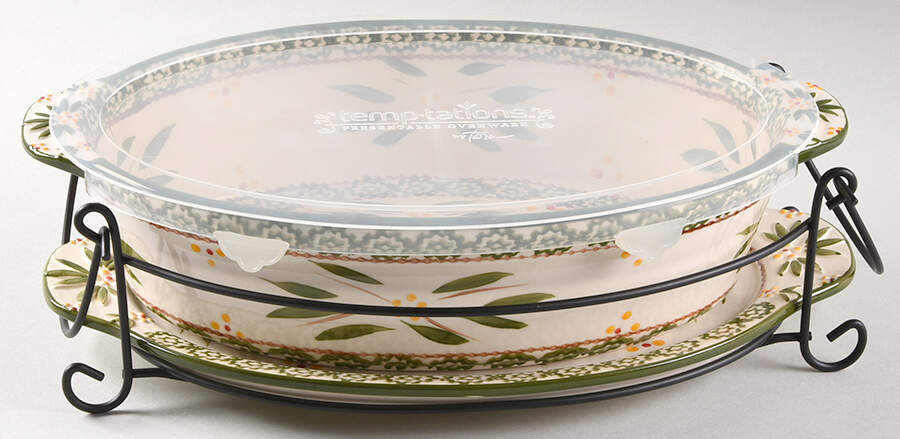 Old World Green 13" Oval Baker W/Lid, Lid-It & Metal Stand by Temp-Tations-1