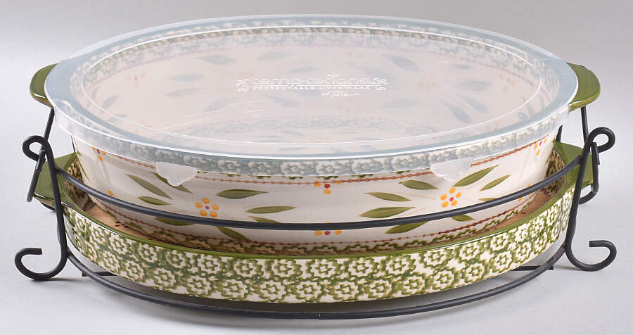 Old World Green 14" Oval Baker w/Plastic Lid, Lid-It, Cutting Board & Metal Stand by Temp-Tations-1