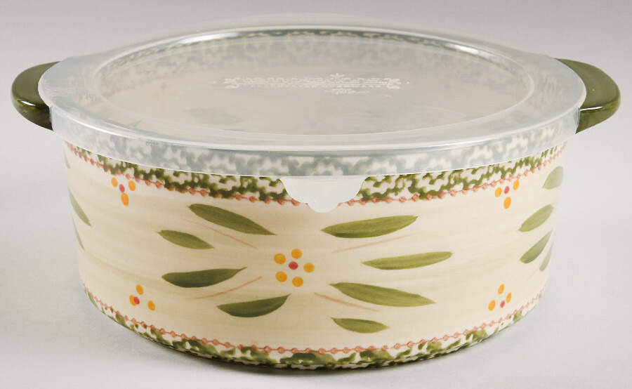 Old World Green 9" Round Handled Baker & Plastic Lid by Temp-Tations-1