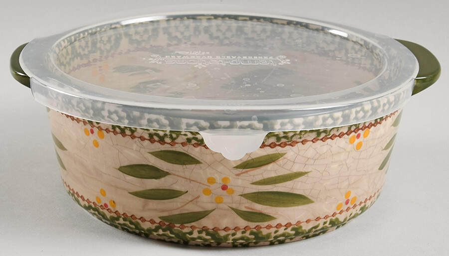 Old World Green 8" Handled Round Baker with Plastic Lid by Temp-Tations-1