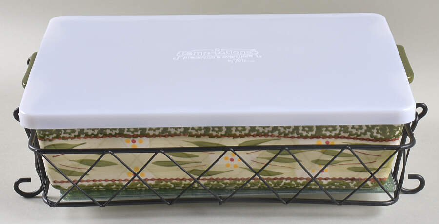 Old World Green 13" Rectangular Baker with Plastic Lid, Glass Trivet & Metal Stand by Temp-Tations-1
