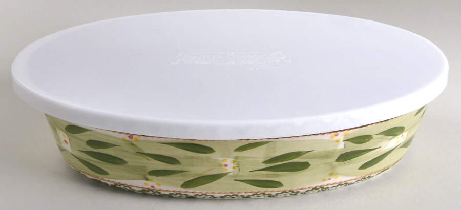 Old World Green 13" Oval Baker & Tabless Plastic Storage Cover by Temp-Tations-1