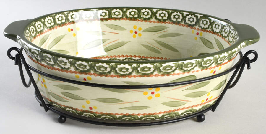 Old World Green 11" Oval Baker with Metal Stand by Temp-Tations-1