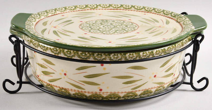 Old World Green 2.5 Qt Covered Casserole & Metal Stand by Temp-Tations-1
