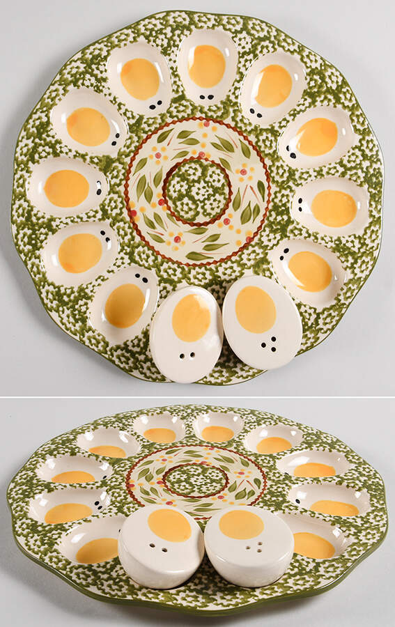 Old World Green Deviled Egg Plate with Figural Salt & Pepper Set by Temp-Tations-1