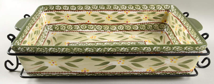 Old World Green 13" Rectangular Baker with Metal Stand by Temp-Tations-1