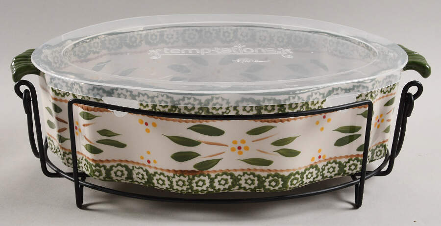 Old World Green 14" Oval Scalloped Baker with Plastic Lid & Stand by Temp-Tations-1