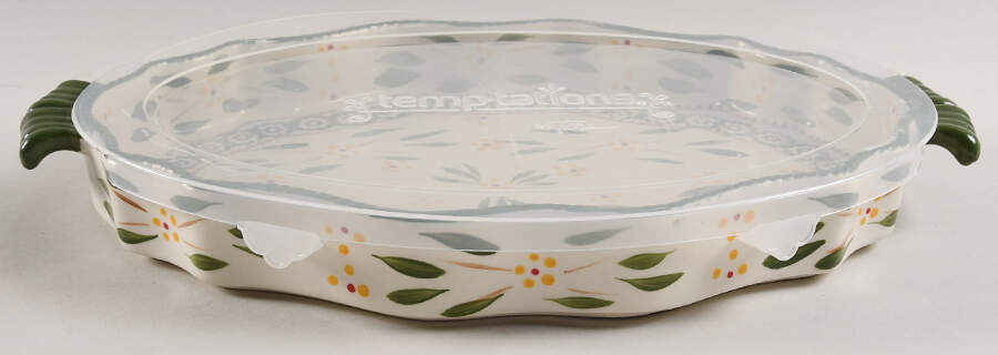 Old World Green 14" Oval Scalloped Baker & Plastic Lid by Temp-Tations-1