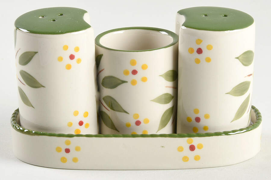 Old World Green 4-Piece Salt & Pepper Set/Toothpick Holder and Tray by Temp-Tations-1