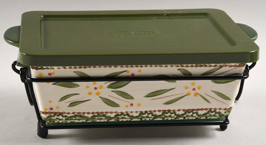 Old World Green 10" Rectangular Baker W/Plastic Lid & Metal Stand by Temp-Tations-1