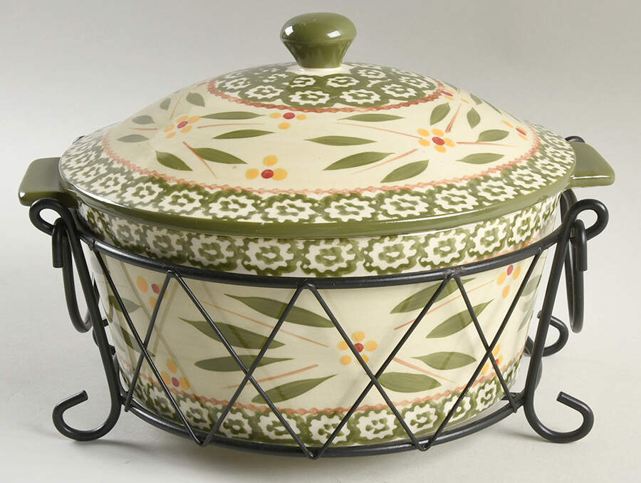Old World Green 1.5 Quart Covered Round Baker & Metal Stand by Temp-Tations-1