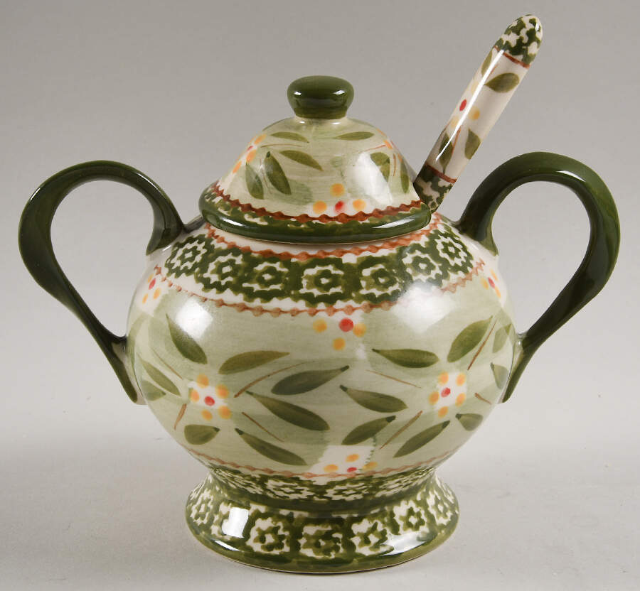 Old World Green Sugar Bowl & Lid W/Spoon by Temp-Tations-1