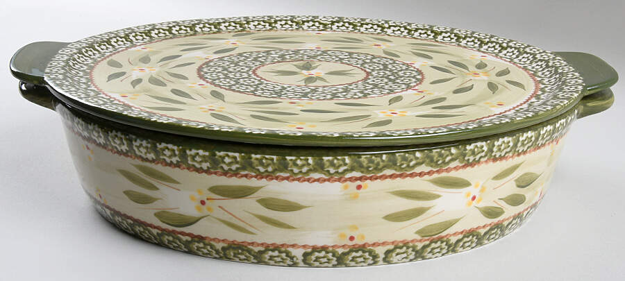 Old World Green 3 Qt Round Baker & Lid-It for Baker & Ramekins Set (Chip & Dip) by Temp-Tations-1