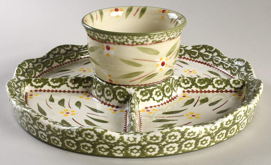 Old World Green Cake/Chip Plate & Dip/Pedestal Bowl for Convertible Set by Temp-Tations-1