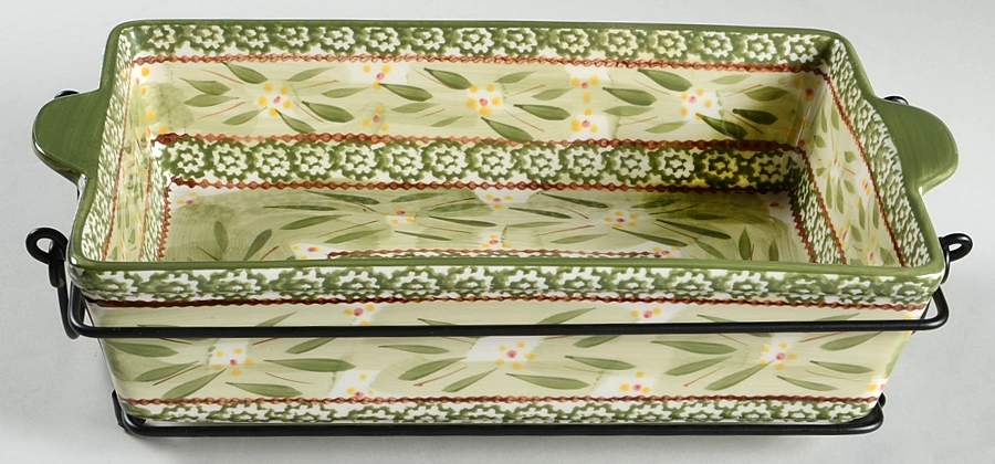 Old World Green 13" Rectangular Baker with Metal Stand by Temp-Tations-1