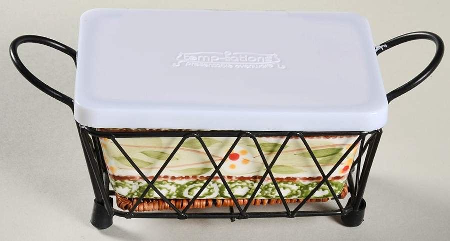 Old World Green 5" Rectangular Baker w/Metal Stand,Trivet & Cover by Temp-Tations-1
