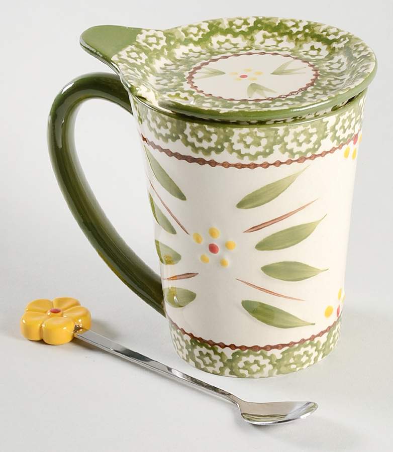 Old World Green Mug & Lid/Coaster with Spoon by Temp-Tations-1