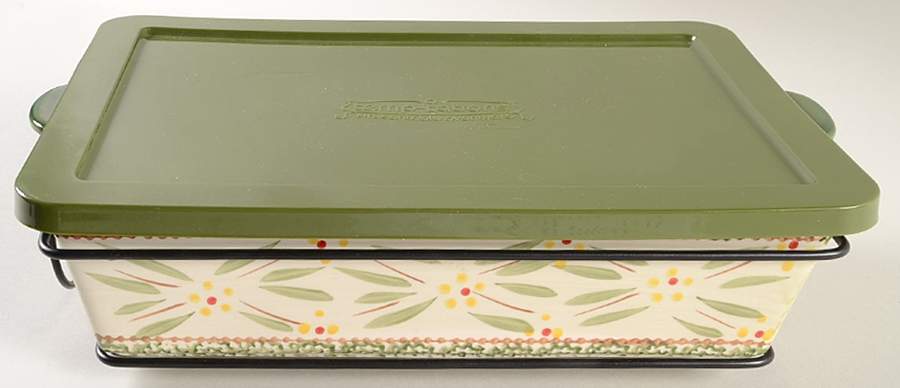 Old World Green 13" Rectangular Baker & Plastic Lid with Metal Stand by Temp-Tations-1