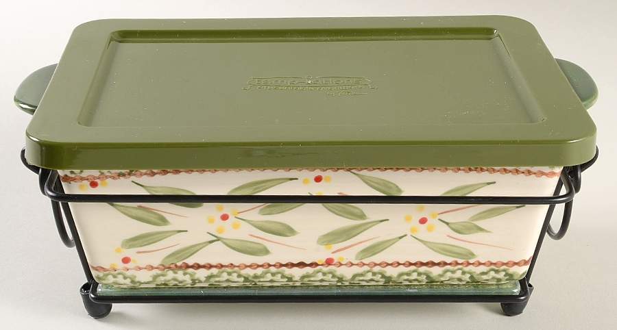 Old World Green 4 Pc 10" Rect Baker (Baker,Lid,Trivet & Stand) by Temp-Tations-1