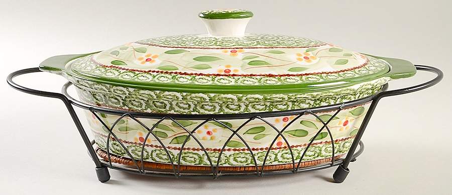 Old World Green 3.5 Qt Oval Cov Casserole W/Metal Stand by Temp-Tations-1