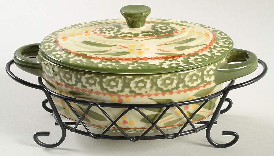 Old World Green 9 Oz Individual Oval Casserole & Lid W/Metal Stand by Temp-Tations-1