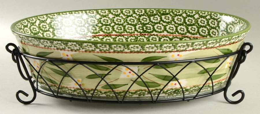 Old World Green 13" Oval Baker W/Metal Stand & Glass Trivet by Temp-Tations-1