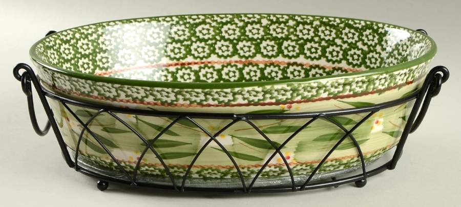 Old World Green 11" Oval Baker W/Metal Stand & Glass Trivet by Temp-Tations-1