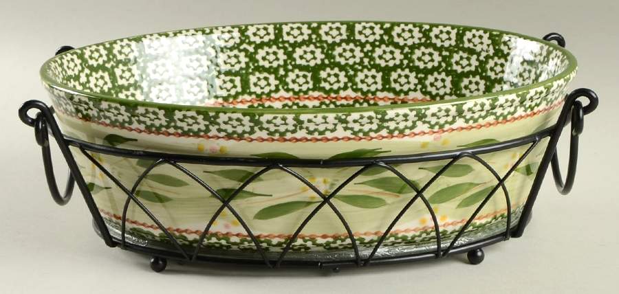 Old World Green 10" Oval Baker W/Metal Stand & Glass Trivet by Temp-Tations-1