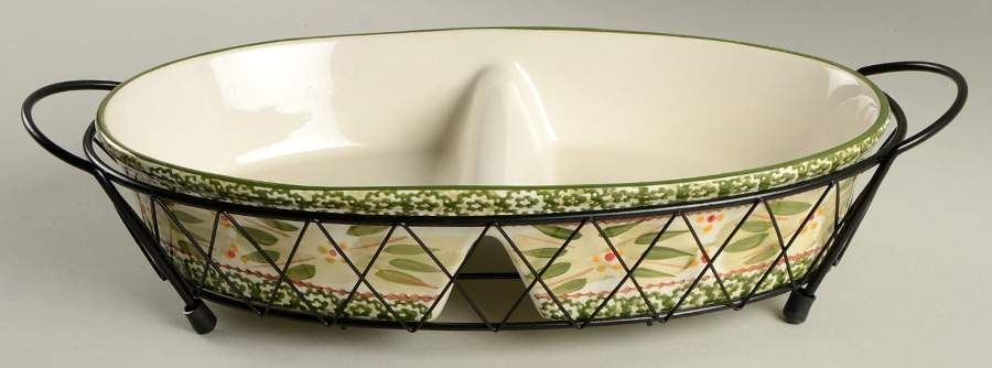 Old World Green 14" Divided Oval Baker & Metal Stand by Temp-Tations-1