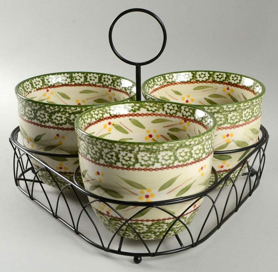 Old World Green 1 Qt 5" Round Bowl & Metal Stand - Set of 3 by Temp-Tations-1