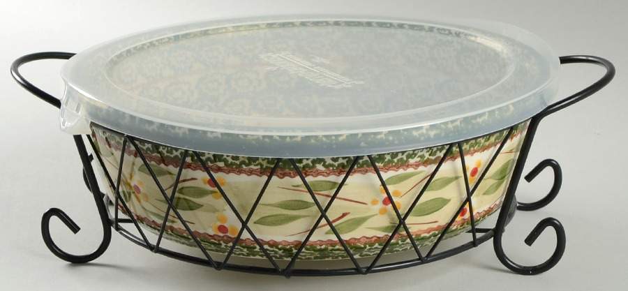 Old World Green 10" Round Baker & Plastic Lid w/Metal Stand by Temp-Tations-1
