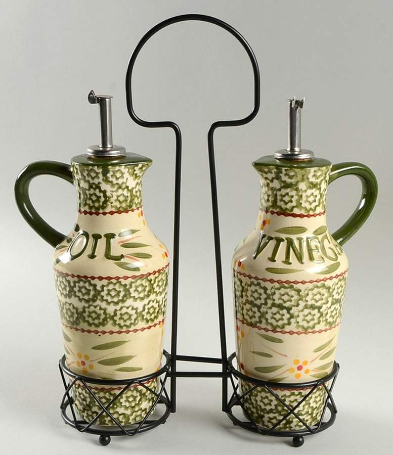 Old World Green Oil & Vinegar Drizzle Jars with Metal Holder by Temp-Tations-1