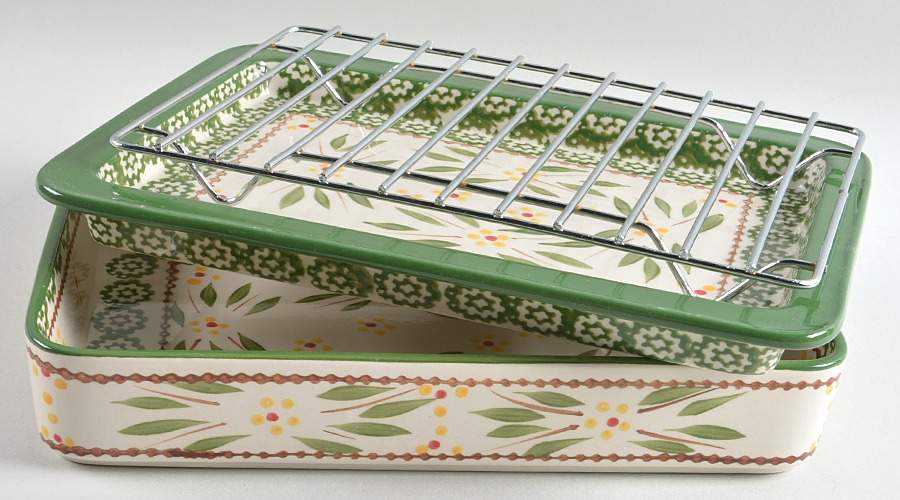 Old World Green Rectangular Toaster Oven Baker w/Lid-It & Metal Rack by Temp-Tations-1