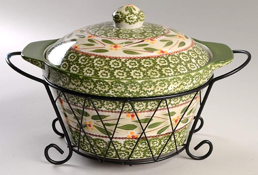 Old World Green 2.5 Qt Round Covered Casserole & Metal Stand by Temp-Tations-1