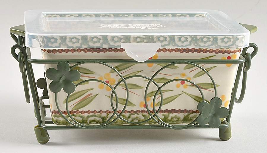 Old World Green 8" Rectangular Handled Baker w/Plastic Lid & Stand by Temp-Tations-1
