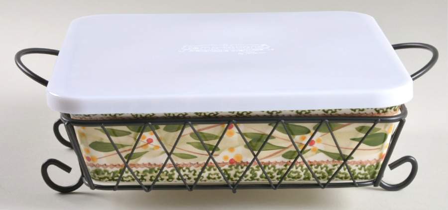 Old World Green 7" Square Baker W/Storage Cover & Metal Stand by Temp-Tations-1