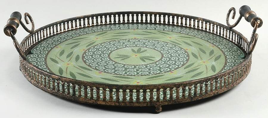 Old World Green 14" Round Metal Tray & Glass Insert by Temp-Tations-1
